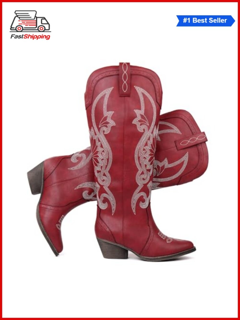 ✨ Hawkwell Cowboy Boots Embroidered Pointed Toe Block Heel Pull On Tall Western
